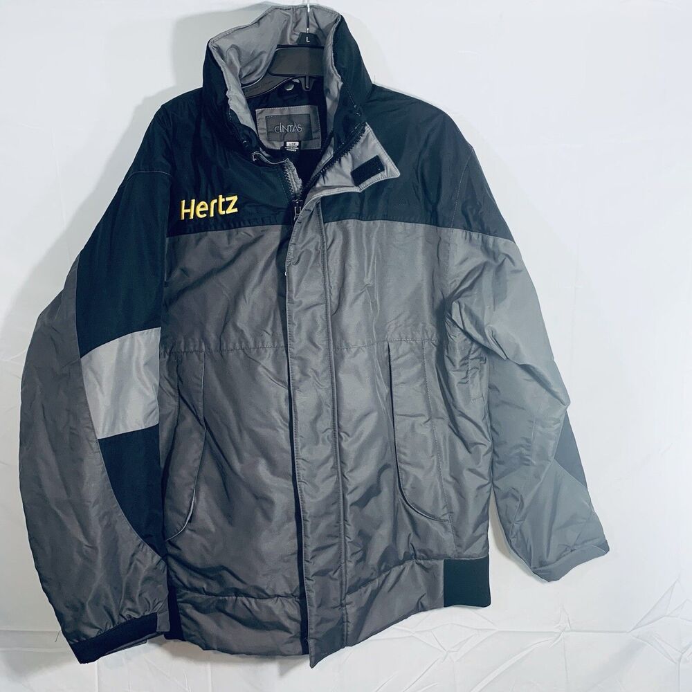 Hertz Waterproof Jacket Coat Sz L Grey HOOD IN COLLAR MULTI POCKETS INSULATED